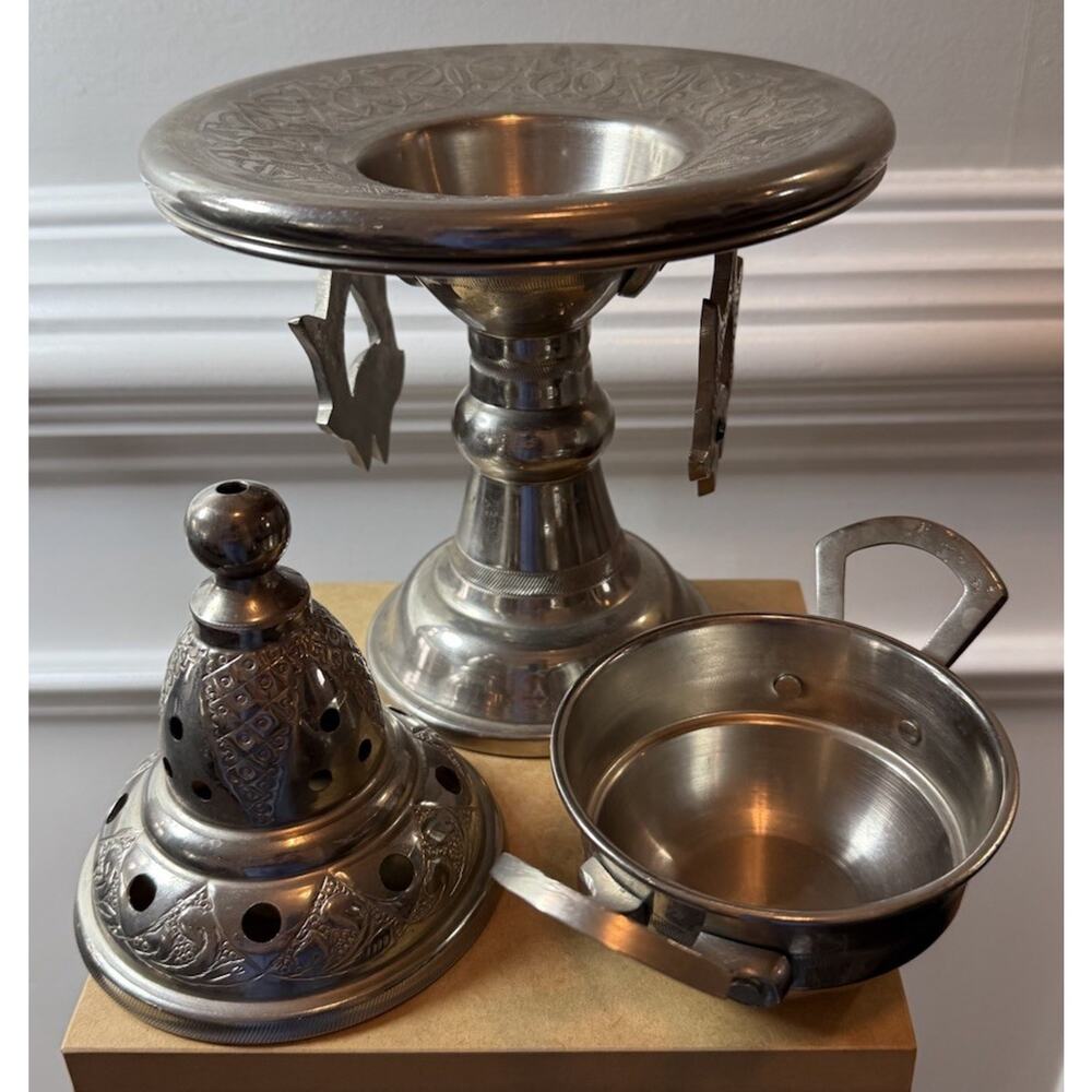 Vintage Moroccan Style Metal Incense Burner Stand 11” Pierced Lid - Picture 10 of 11